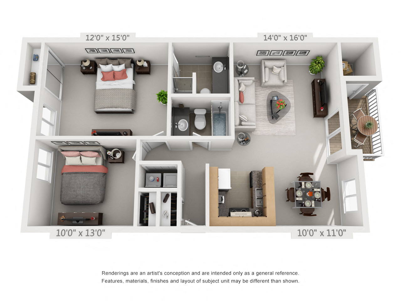Floor plan for 2 beds, 2 baths, 985 sqft